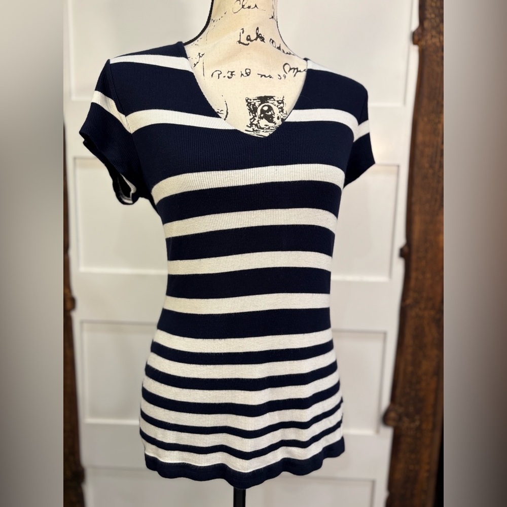 INC Navy White Striped Tee Women’s Size Small Short Sleeve Soft Blend Top